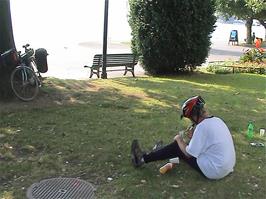 Gavin enjoys ice-cream by the lakeside at Zug Promenade